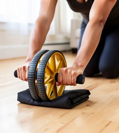 Ab roller in use during a rollout with knee pad