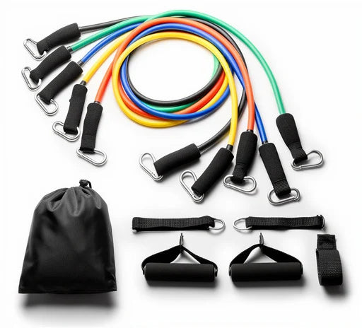Resistance band set with 5 color-coded bands, handles, and a door anchor