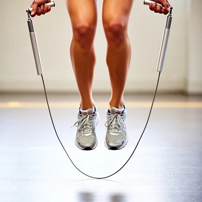 Speed jump rope mid-jump during an interval workout