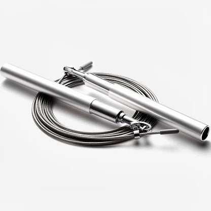 Speed jump rope with aluminum handles on a plain background