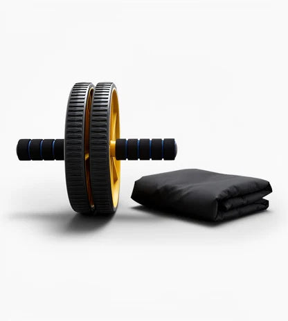 Dual-wheel ab roller with foam grips and knee pad on a plain background