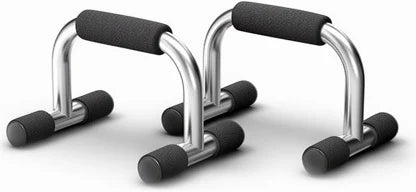 Pair of push-up bars with foam grips on a plain background