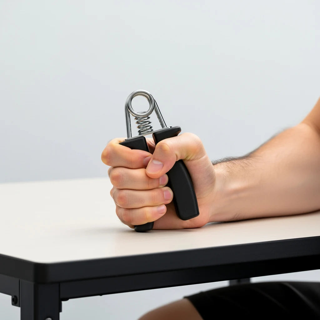 Hand grip strengthener in use during a squeeze rep