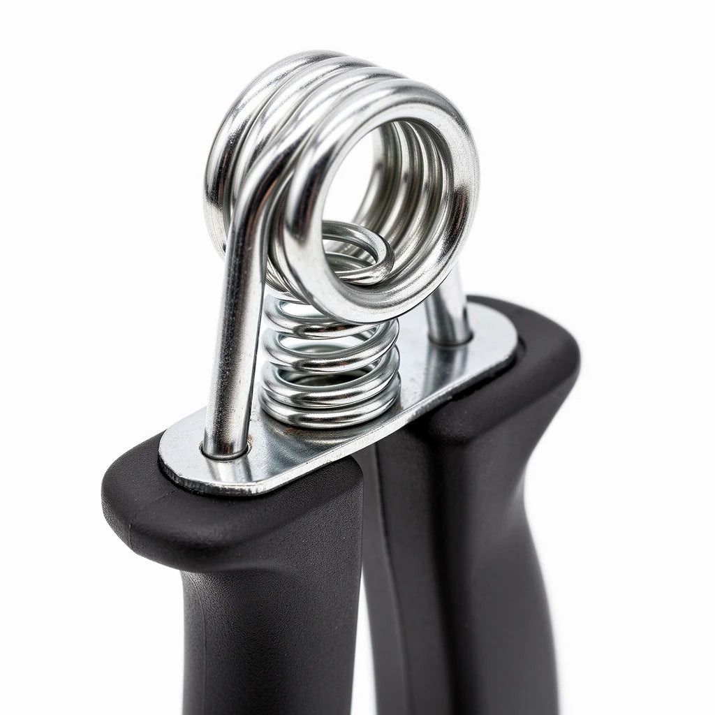 Close-up of a hand grip strengthener spring and handle