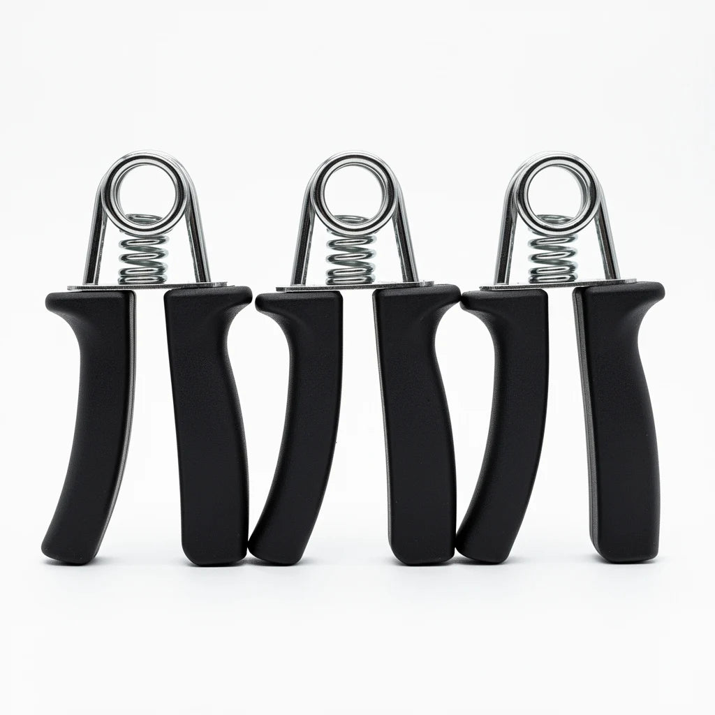 Set of 3 hand grip strengtheners standing in a row