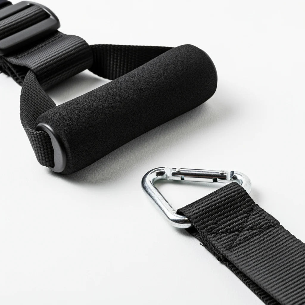 Close-up of a suspension strap foam handle and carabiner