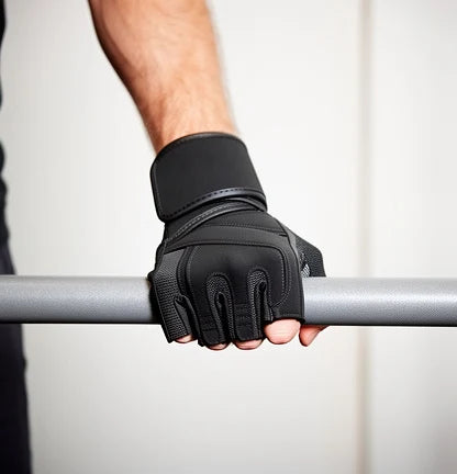 Training glove in use gripping a barbell