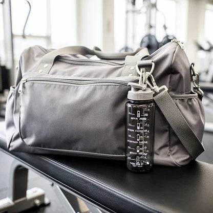 Water bottle clipped to a gym bag by its carry strap
