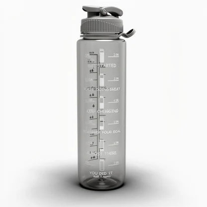 1-liter water bottle with printed time markers on a plain background