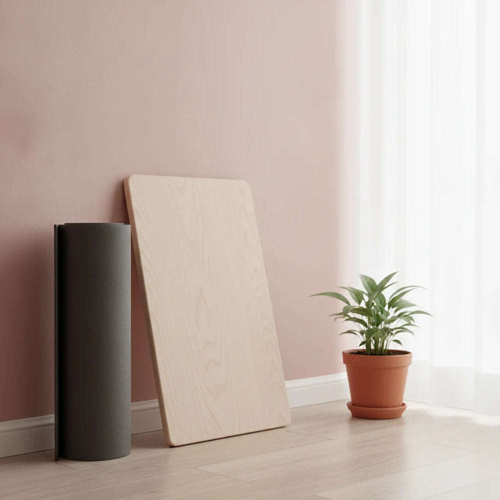 A rolled black exercise mat and a wooden training board leaning against a wall beside a window and a potted plant