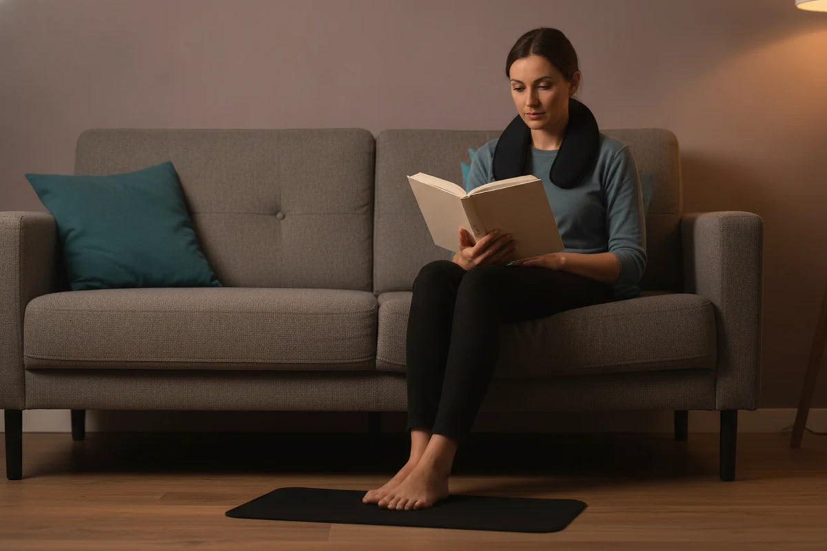 A person reading on a sofa in the evening wearing an EMS neck and shoulder pad, with an EMS foot mat on the floor